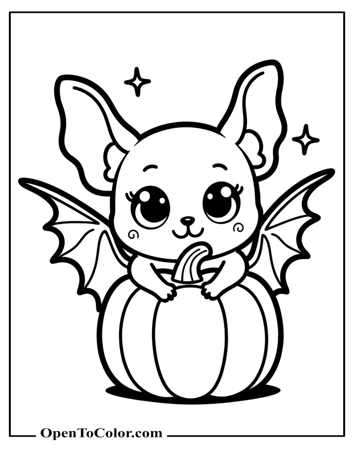Free Coloring Page of a Kawaii Chibi Bat with Big Eyes Hugging a Tiny Pumpkin, Sparkles