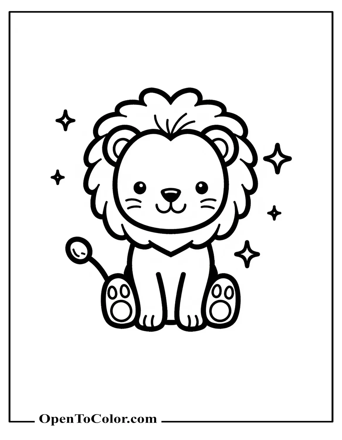 Free Kawaii Chibi Lion Coloring Page Sitting with Tiny Paws and Sparkles