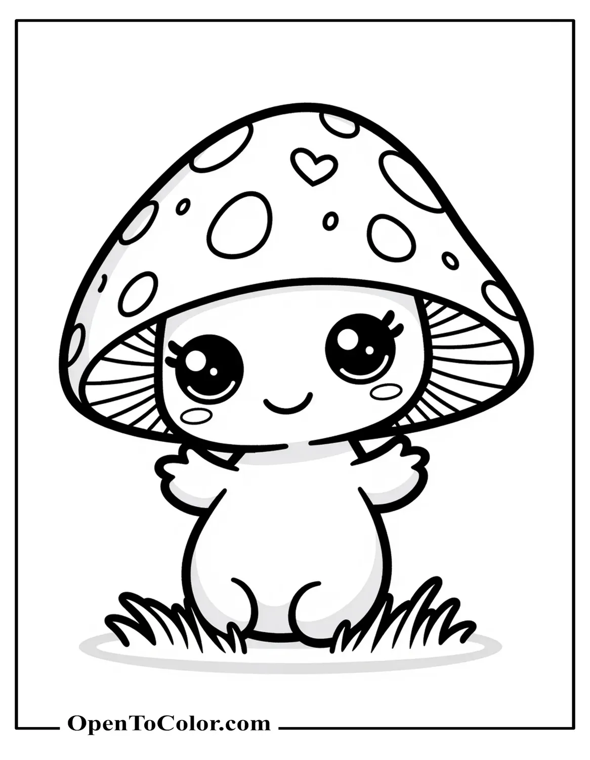 Kawaii Chibi Mushroom Coloring Page PDF With Big Eyes Tiny Hands And A Small Heart On The Cap