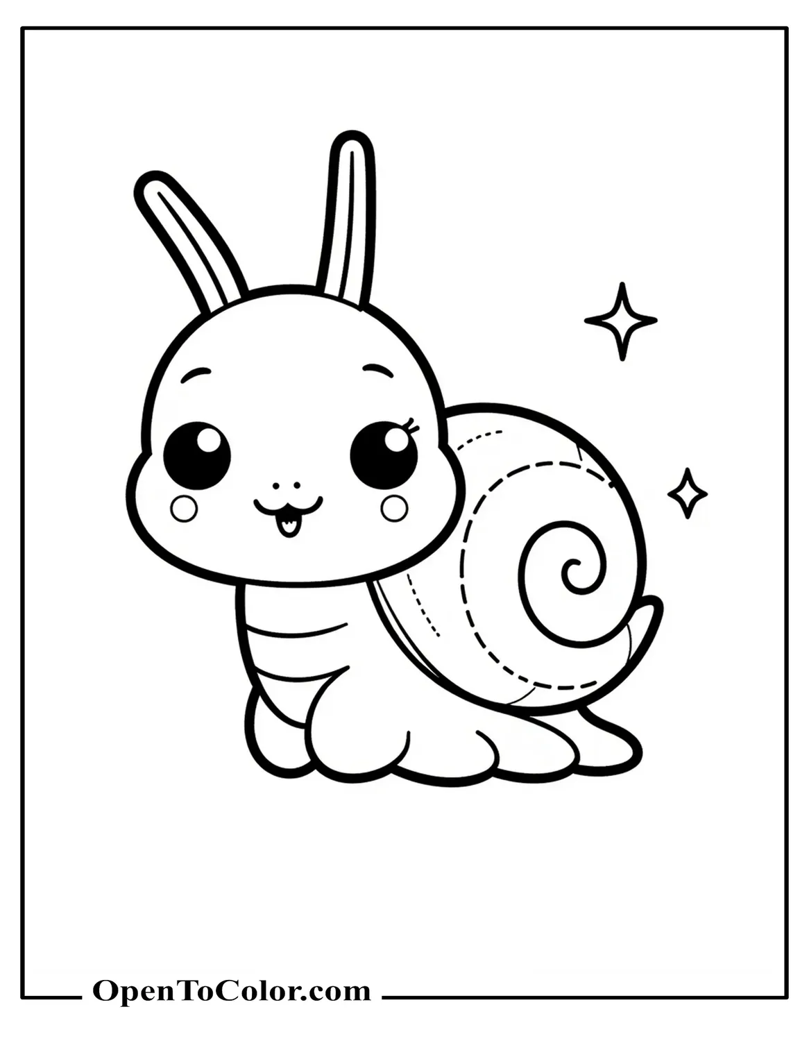 Kawaii Chibi Snail Coloring Page PDF with Oversized Head, Sparkly Eyes, and Tiny Cheeks