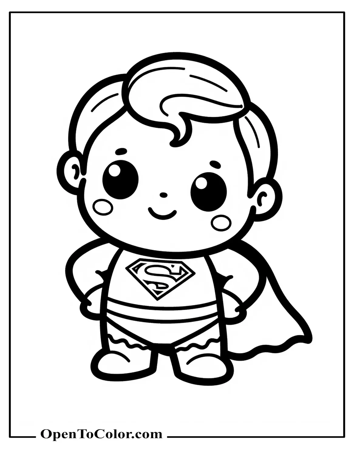 Kawaii Superman Coloring Page With Round Features And Tiny Cape Flutter, Printable