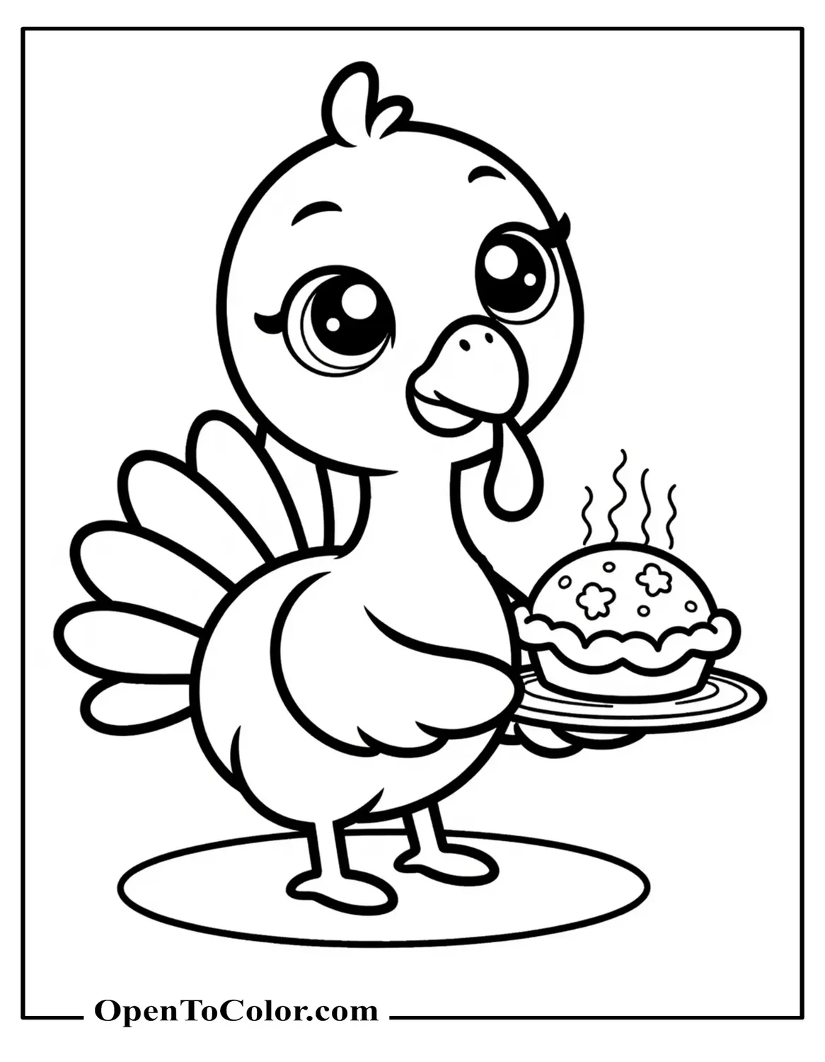 Kawaii Turkey Coloring Page PDF With Star Eyes Holding A Tiny Pie On A Plate