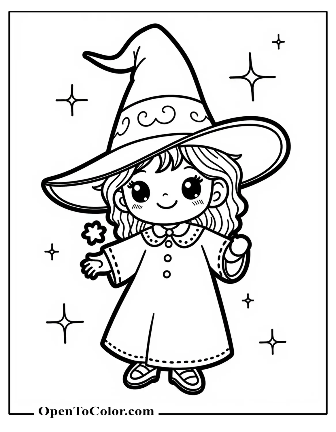 Free Kawaii Style Old Witch Tiny Body Giant Hat Smiling With Sparkles Coloring Sheet