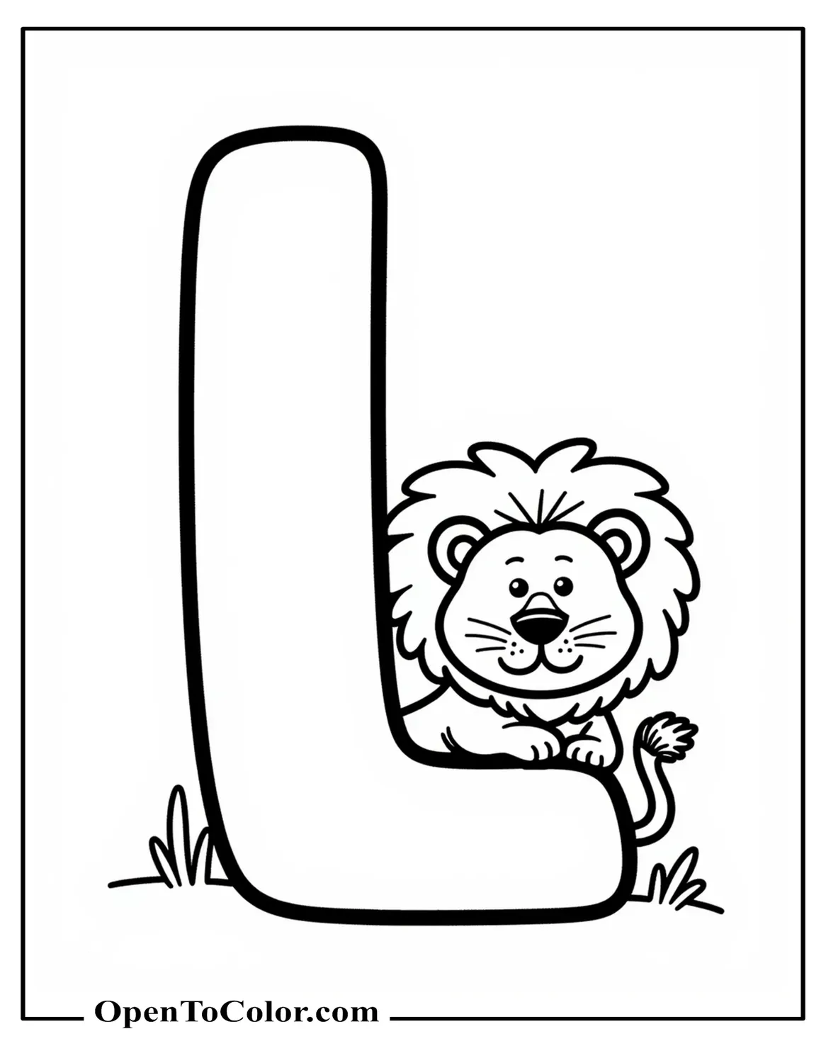 Coloring Page PDF of Large Letter L With a Small Lion Peeking From Behind It