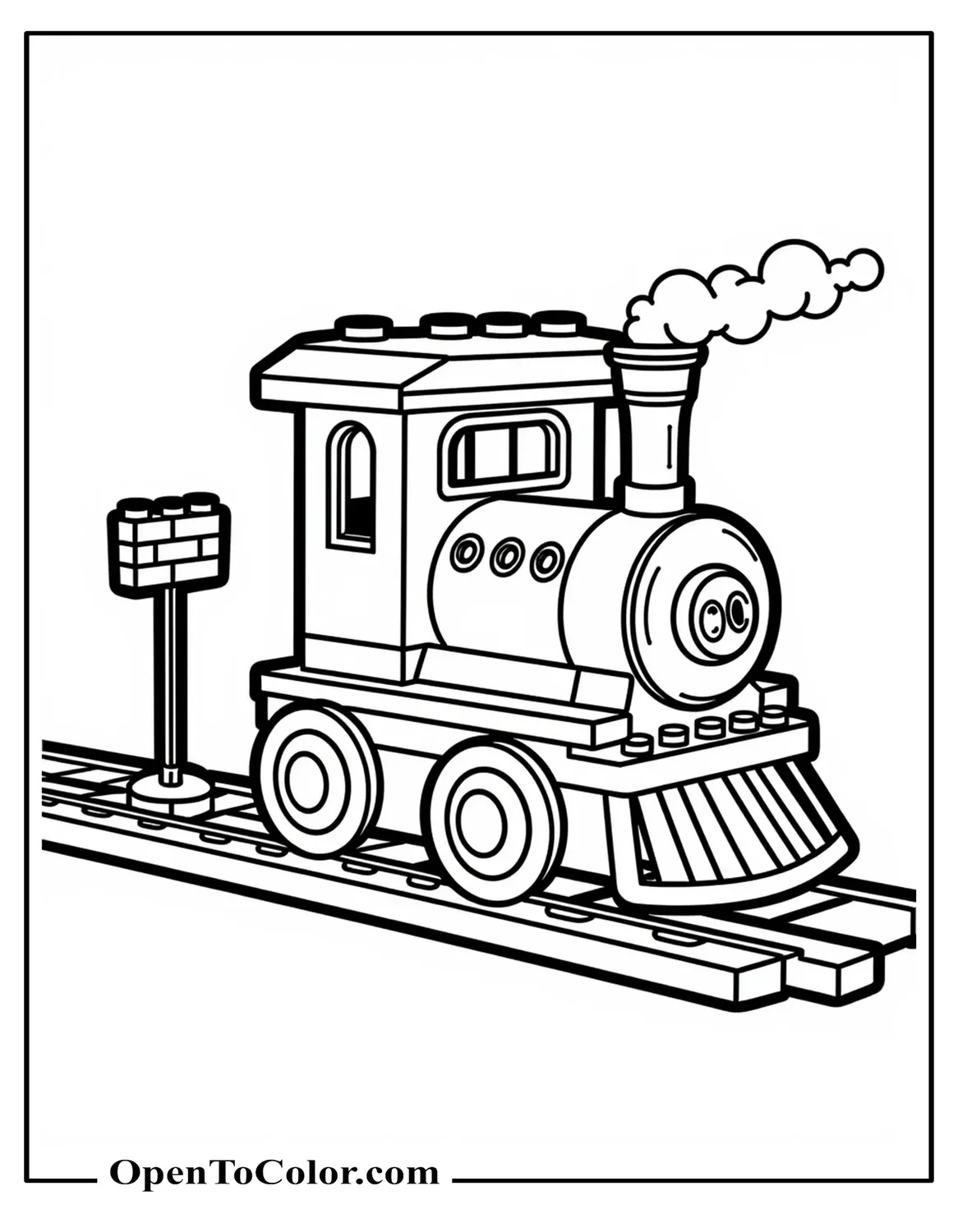 Free Coloring Page of Brick-Built Blocky Engine with Studs on Top and a Tiny Brick Station Sign
