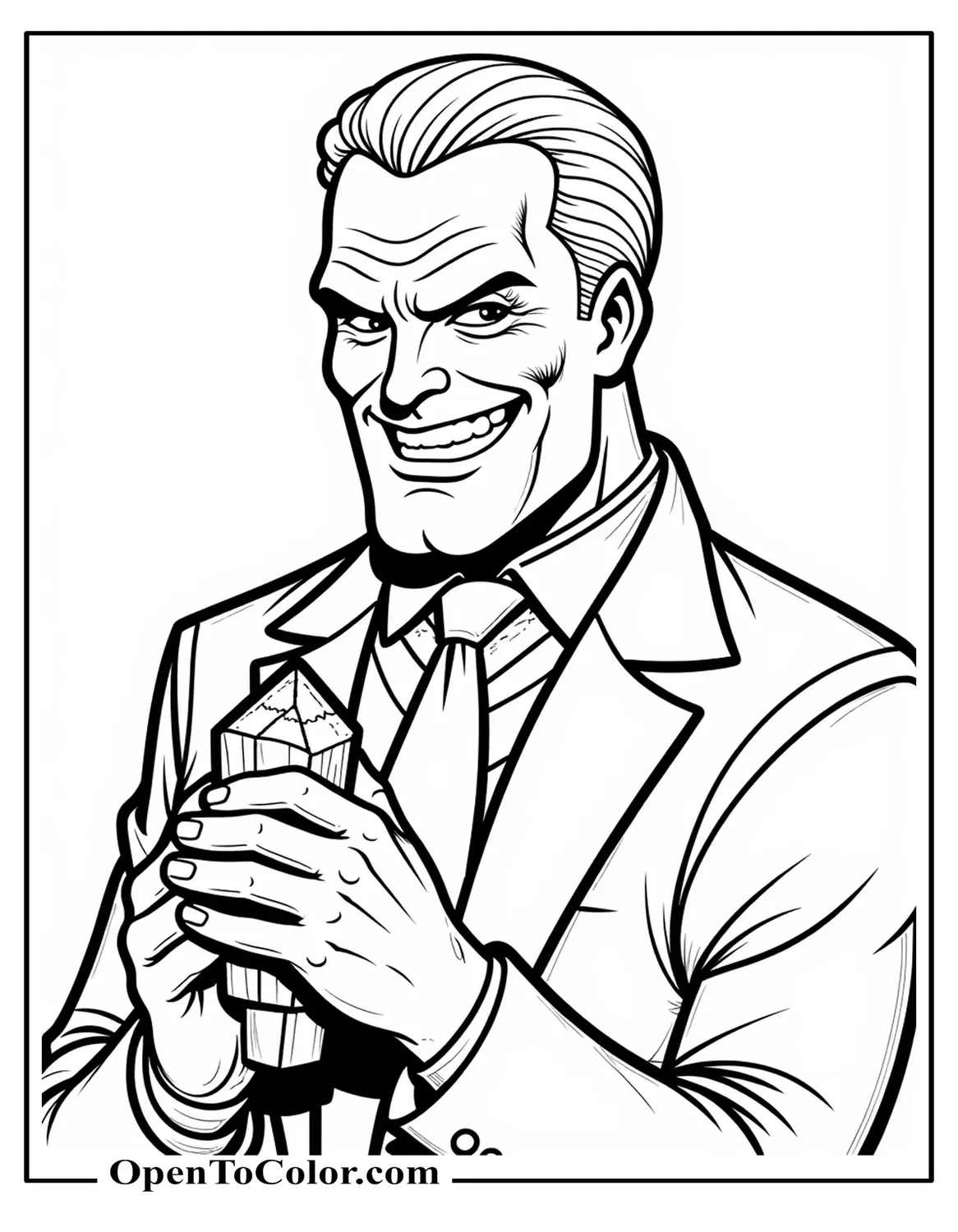 Lex Luthor holding a jagged Kryptonite crystal with a smug grin coloring sheet printable