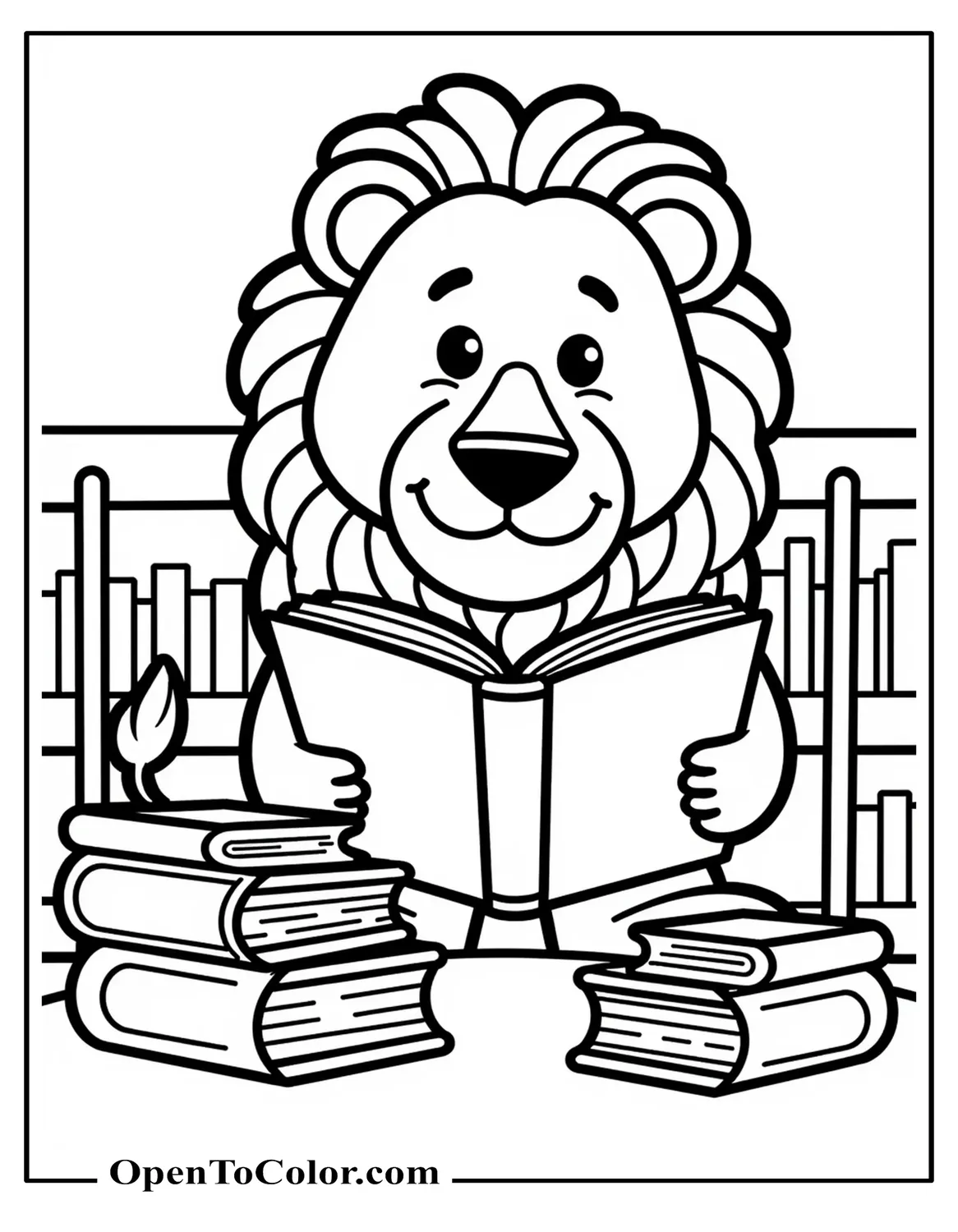 Free Coloring Page of a Lion Reading a Book at a Library Table with Stacked Books