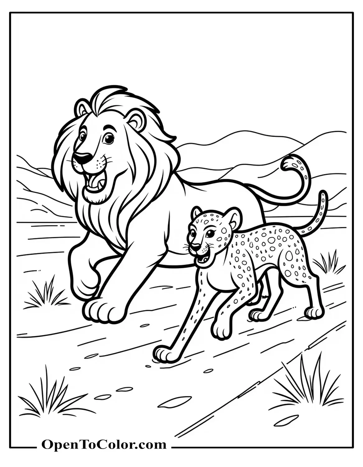 Lion and Cheetah Running Side by Side Across Open Plain Coloring Page Printable