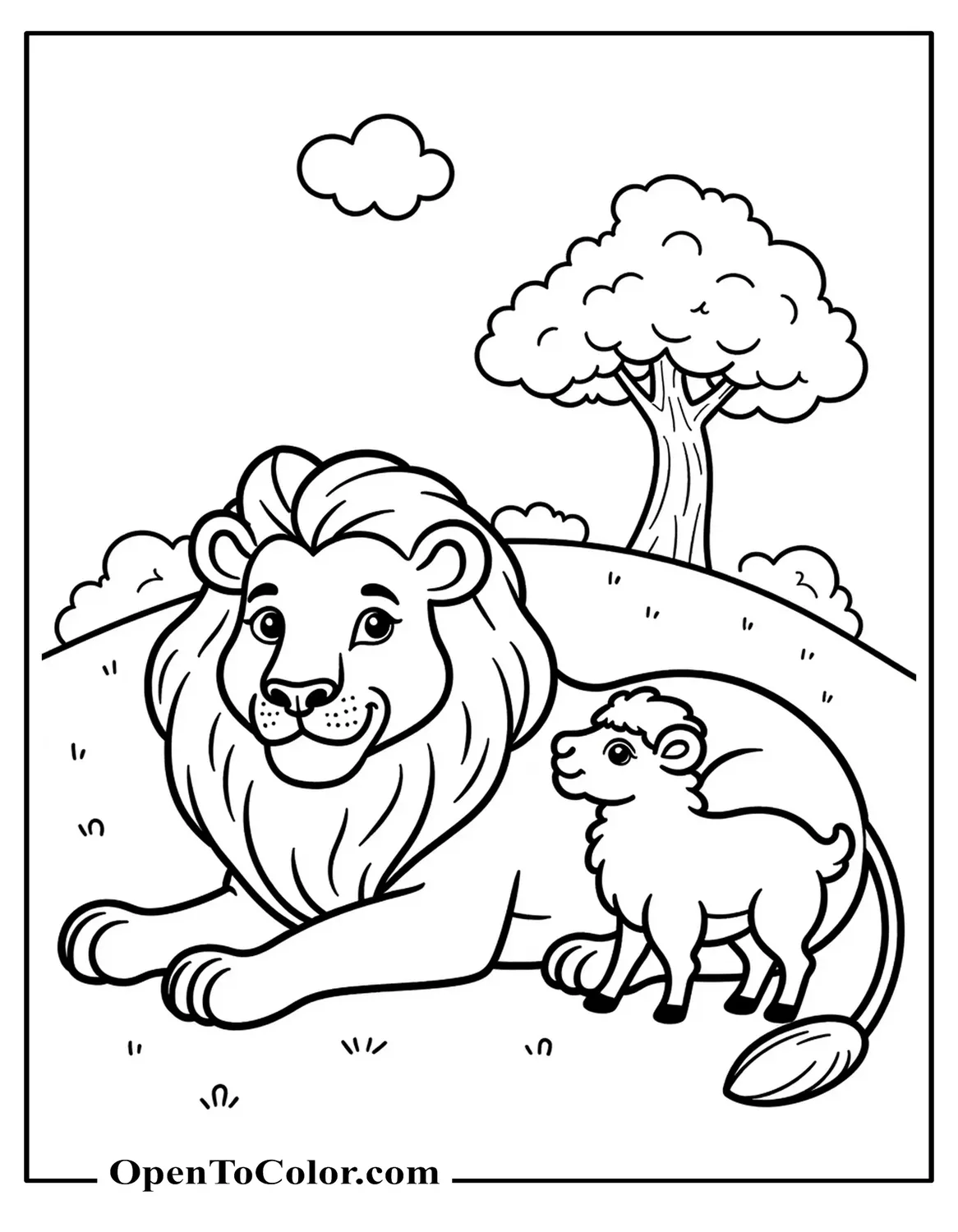 Printable coloring sheet of a lion lying calmly next to a lamb under a tree, hill in background.