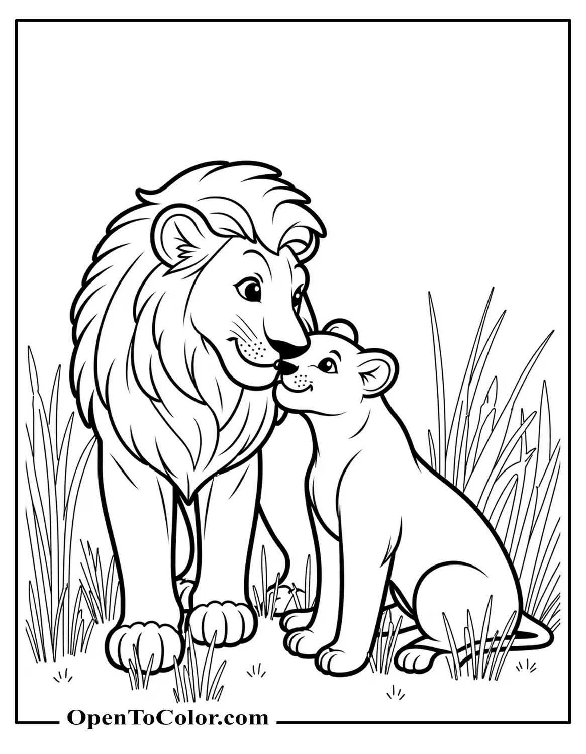 Lion and Lioness Nuzzling Heads in Tall Grass Coloring Sheet Printable