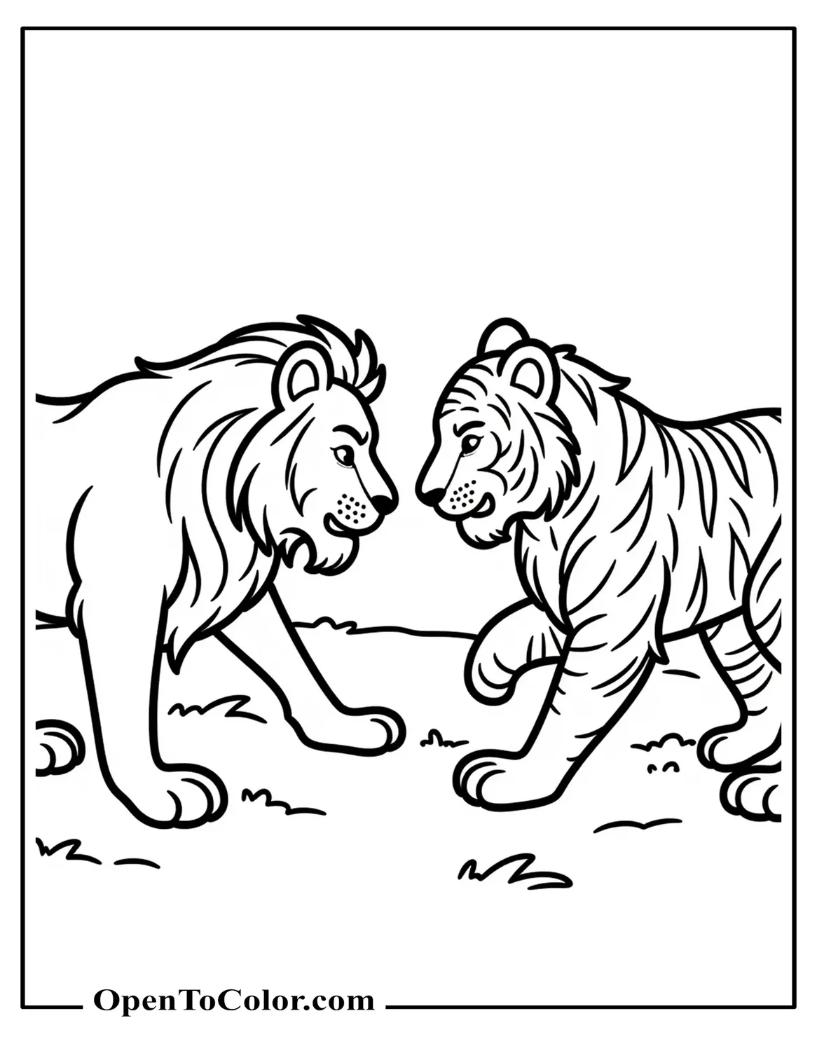 Free Coloring Sheet of Lion and Tiger Facing Each Other Ready to Pounce No Contact