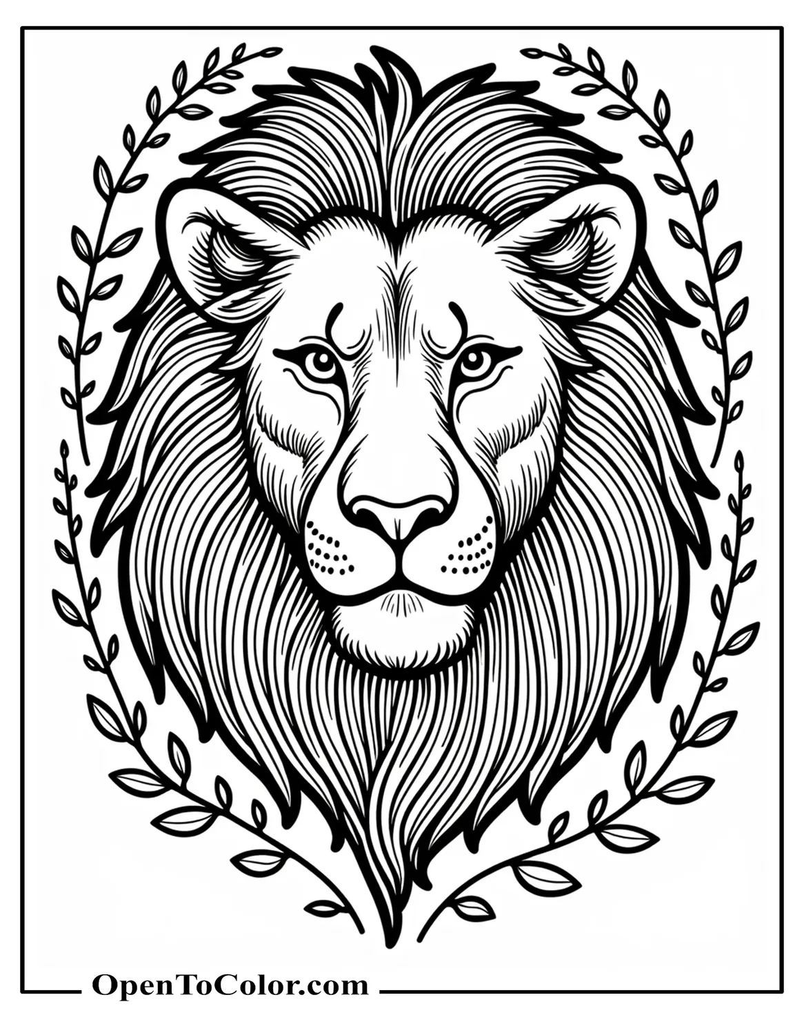Lion head coloring sheet with intricate patterns for adults framed by vines, available in PDF.