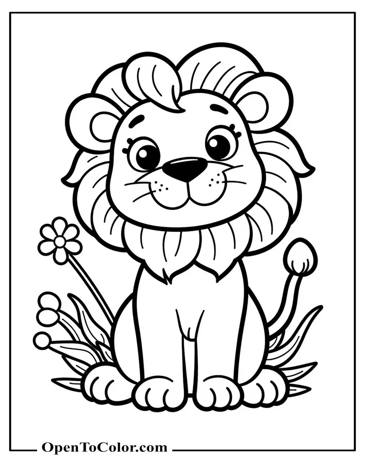 Free Coloring Sheet of Smiling Cartoon Lion with Simple Flowers Around