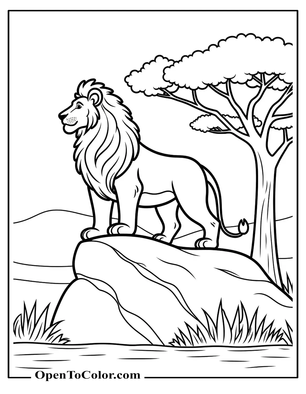 Coloring Page PDF of Lion Standing on a Savanna Rock Ledge Side View with Acacia Tree in Background
