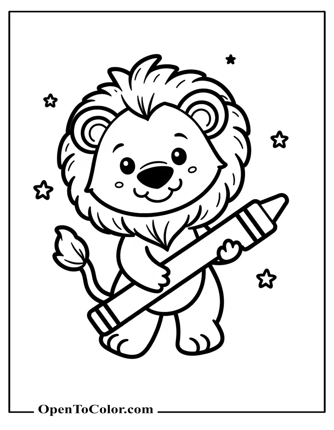 Smiling Lion Holding A Big Crayon With Simple Stars Around, Printable Coloring Sheet