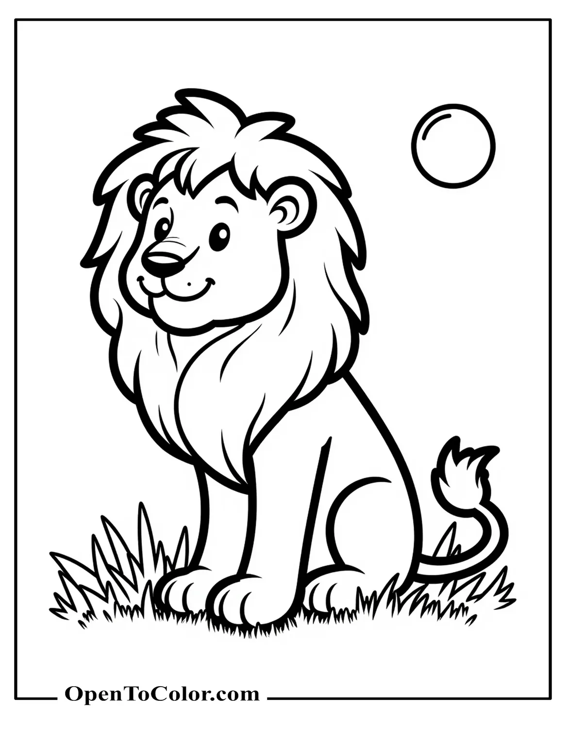 Lion sitting in grass front view with tail curled and distant sun shape, printable coloring sheet.