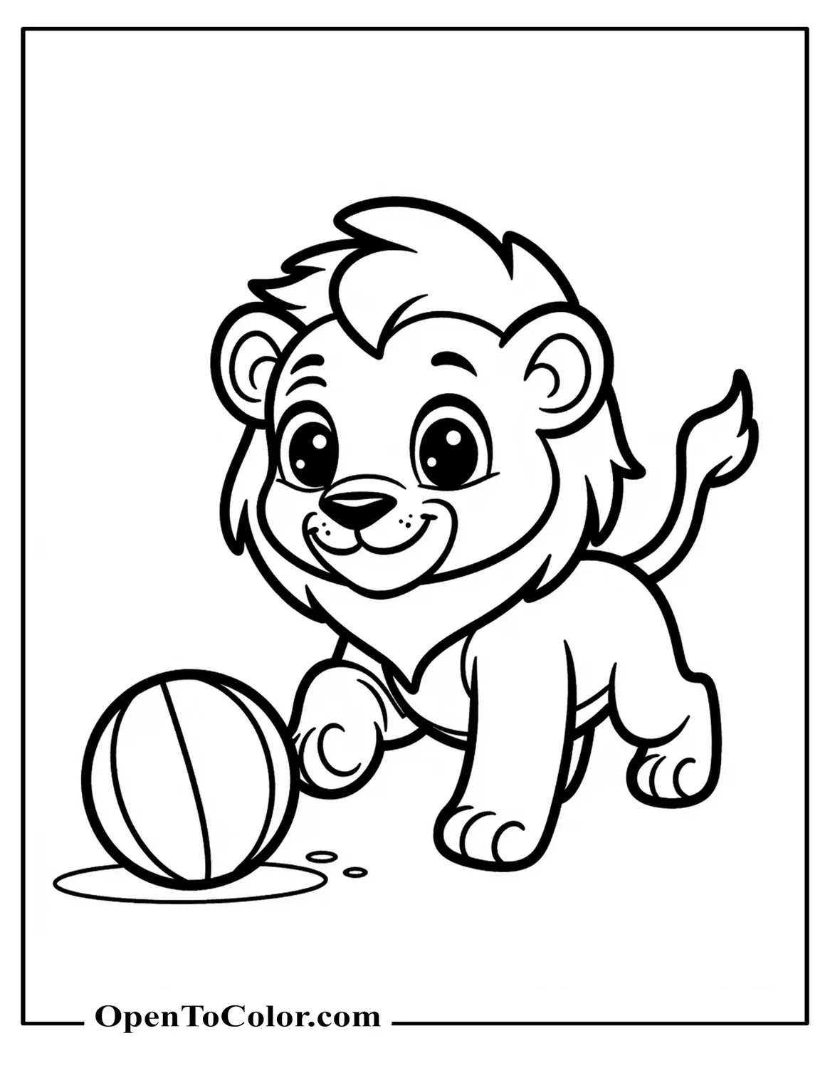 Printable coloring page of a lion cub chasing a ball with tiny motion lines.