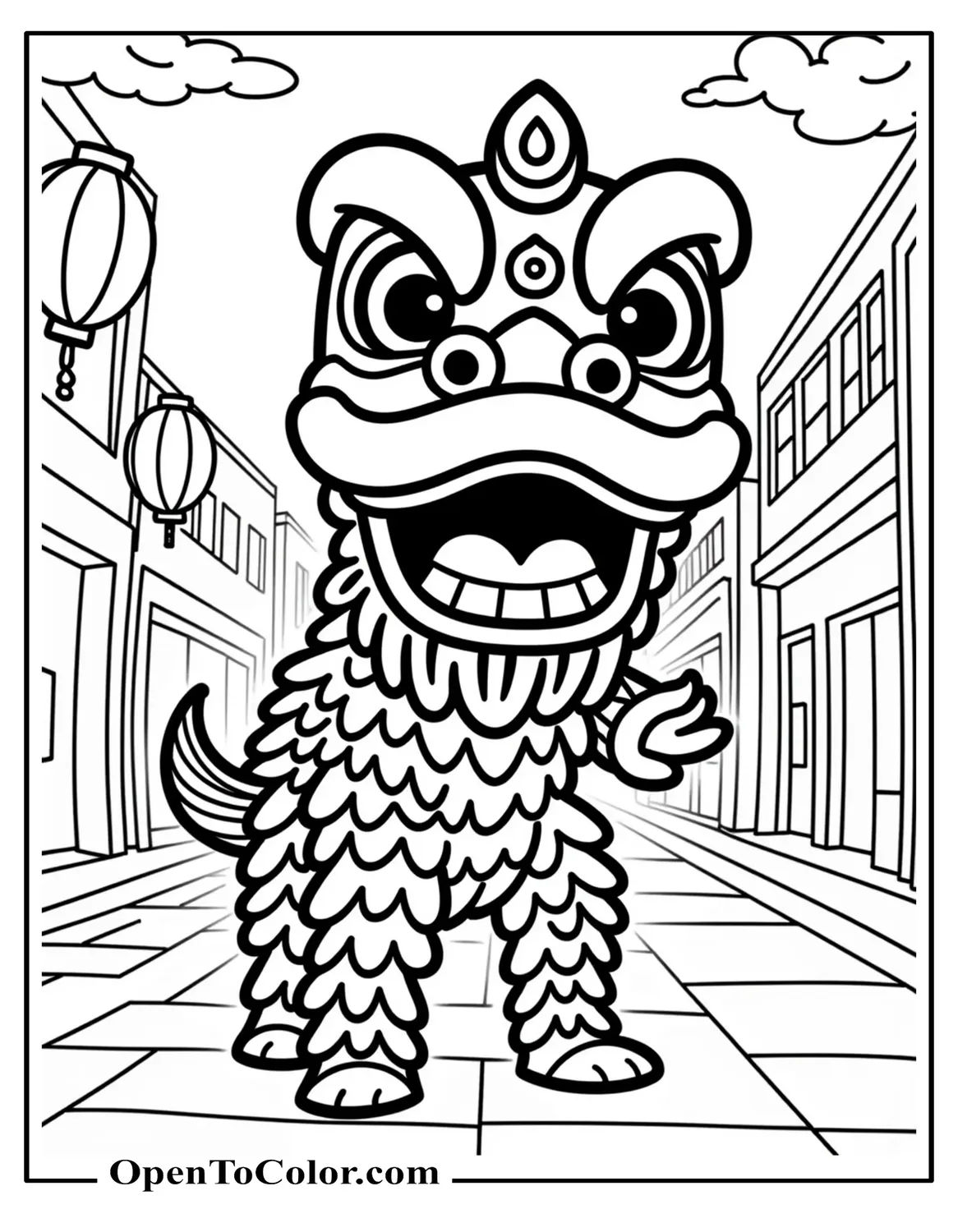 Free Coloring Sheet of Lion Dance Costume with Open Mouth on a Street with Lanterns