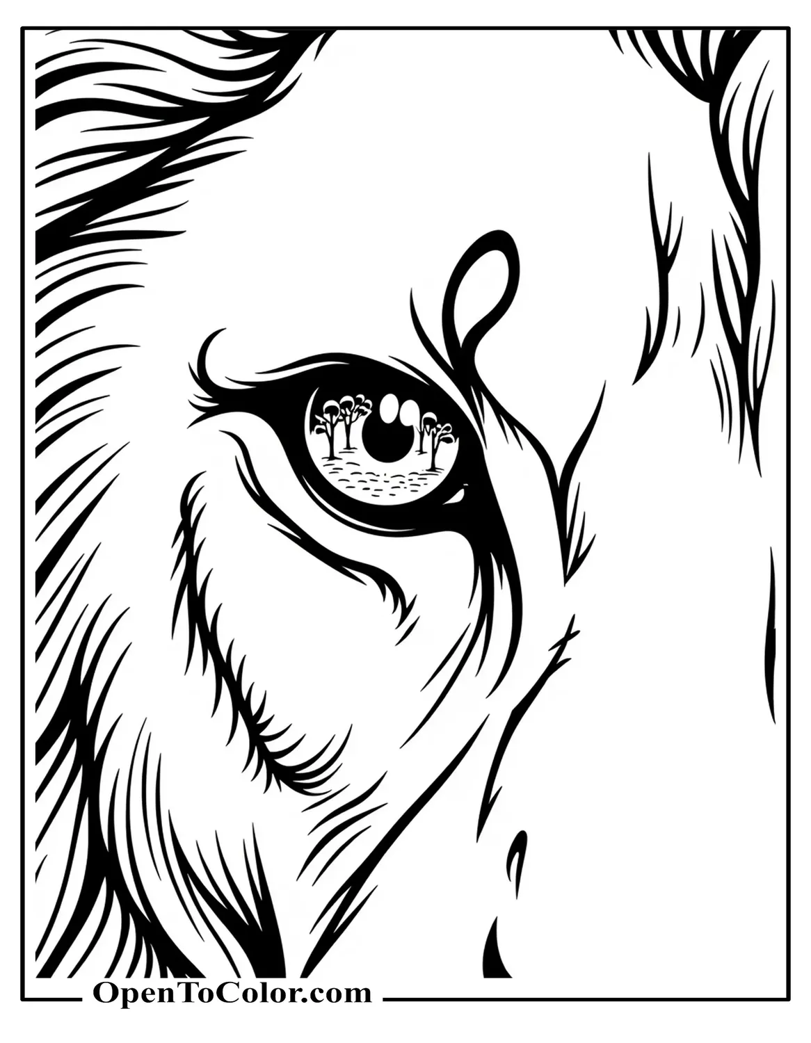 Close-up Lion Eye Coloring Page With Reflections of Trees Around the Pupil, Free