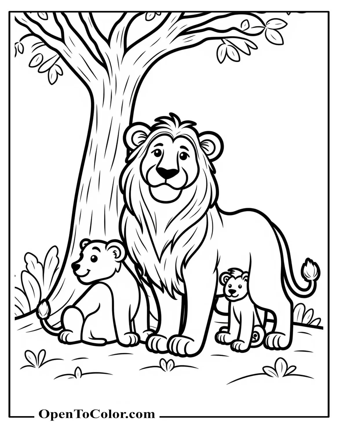 Lion family coloring page with male lion, lioness, and one cub under a tree, printable.