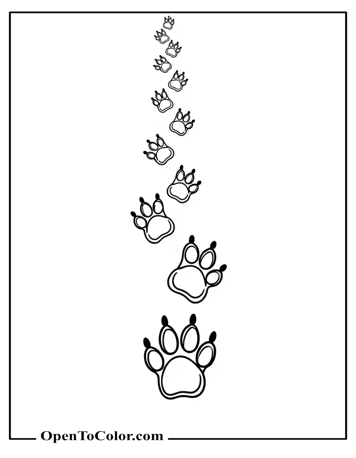 Row of lion footprints across the coloring page leading to a small paw, printable.