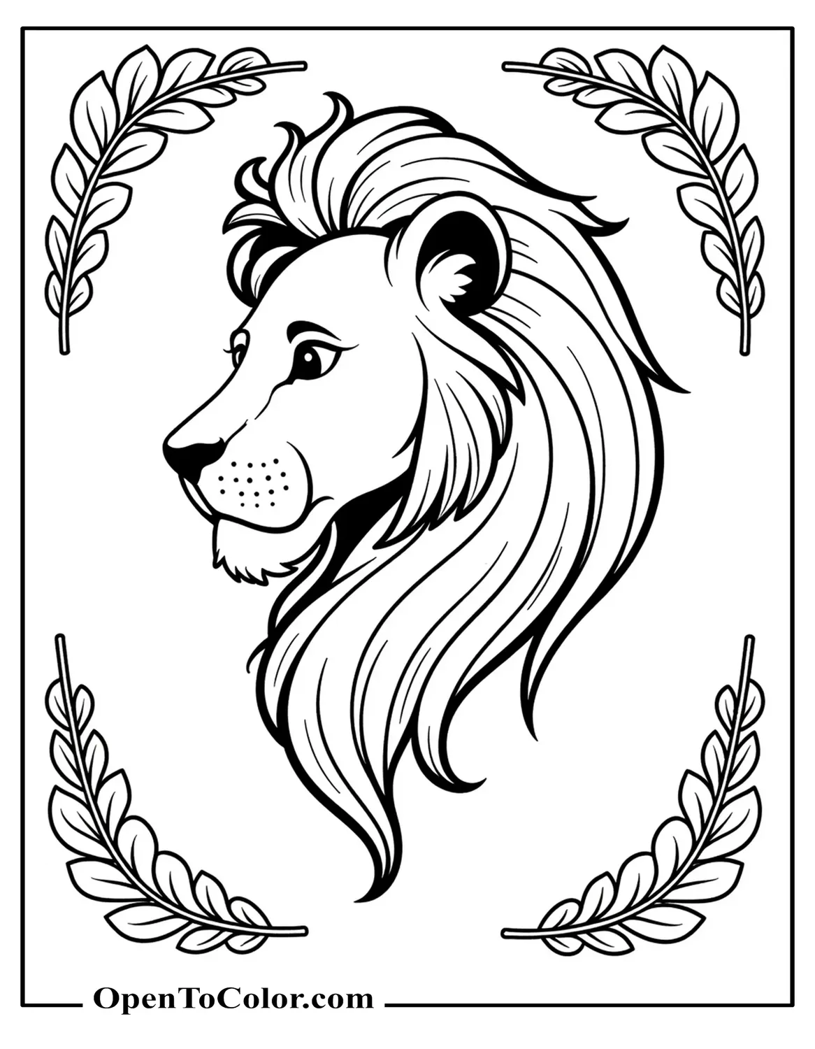 Lion head profile coloring page with flowing mane and simple leaf border, PDF