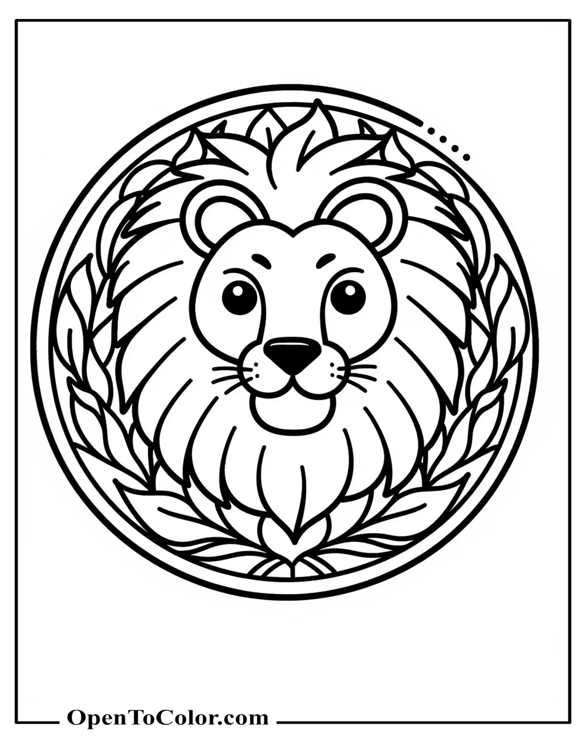 Printable Coloring Sheet of Lion Inside a Circular Mandala with Leaf and Swirl Segments