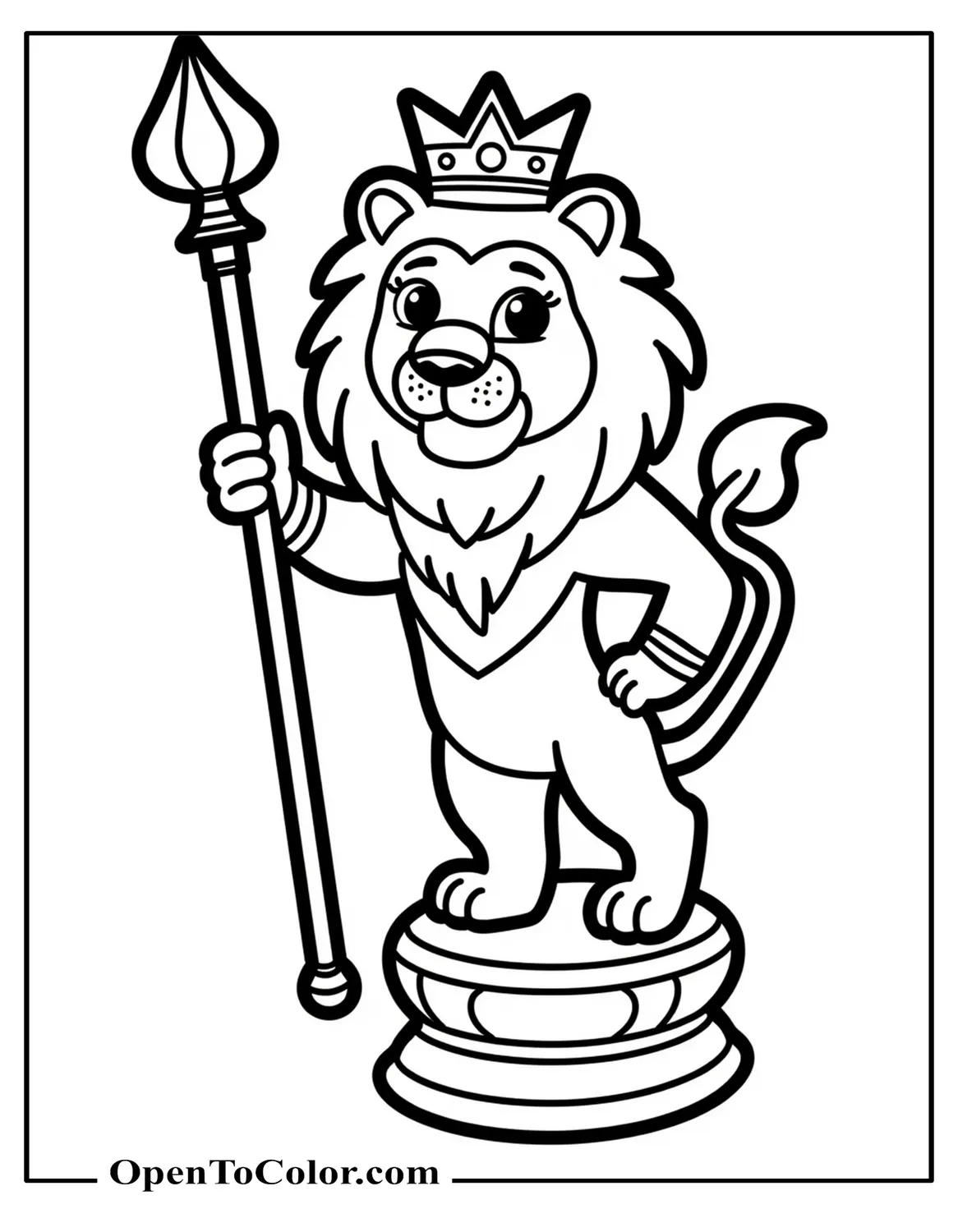 Regal Lion With Crown And Scepter Standing On A Small Pedestal Coloring Sheet PDF