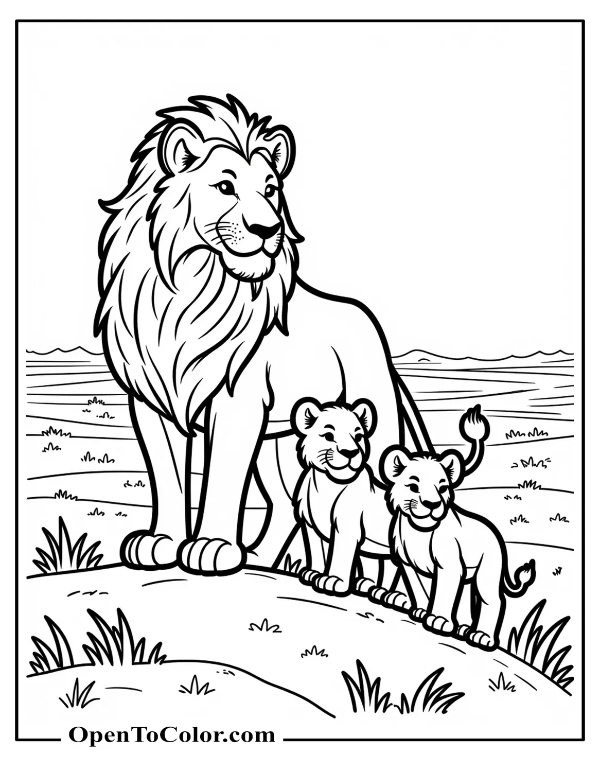 Printable Lion Pride Coloring Page On A Hill Male Lion And Two Cubs With Distant Plains