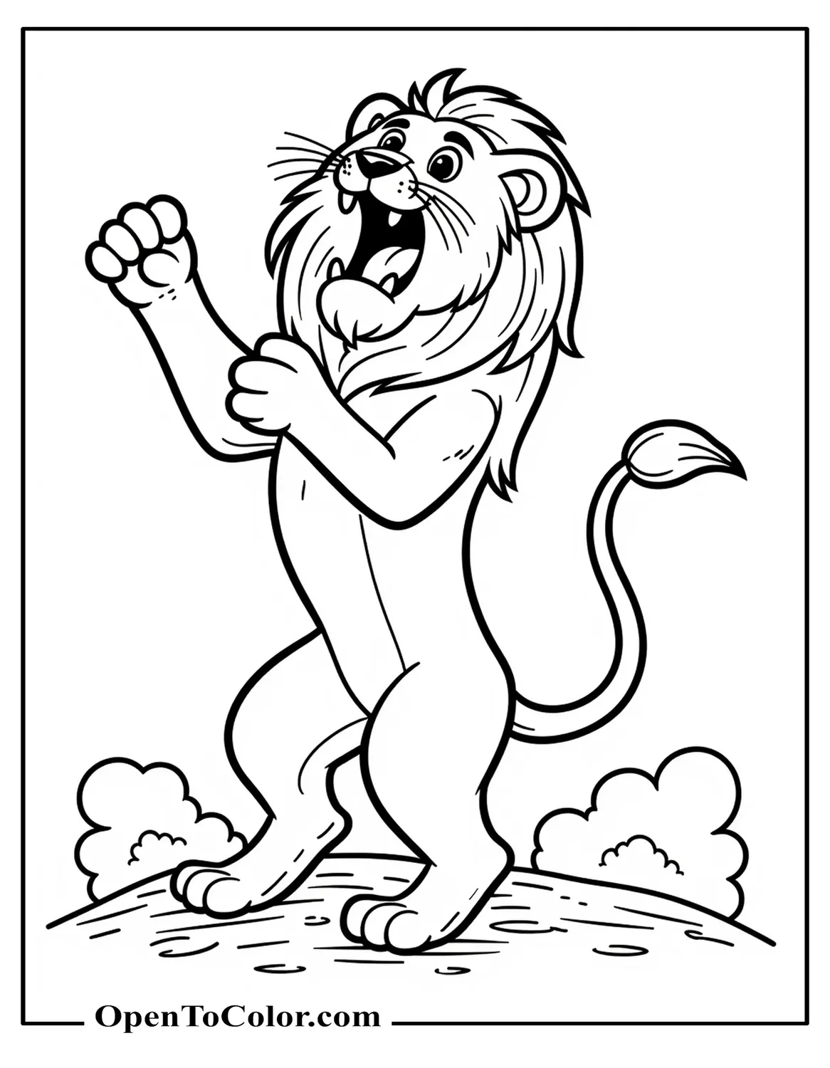 Lion Rearing With Mouth Open Showing Teeth Dust Clouds Below Coloring Page PDF