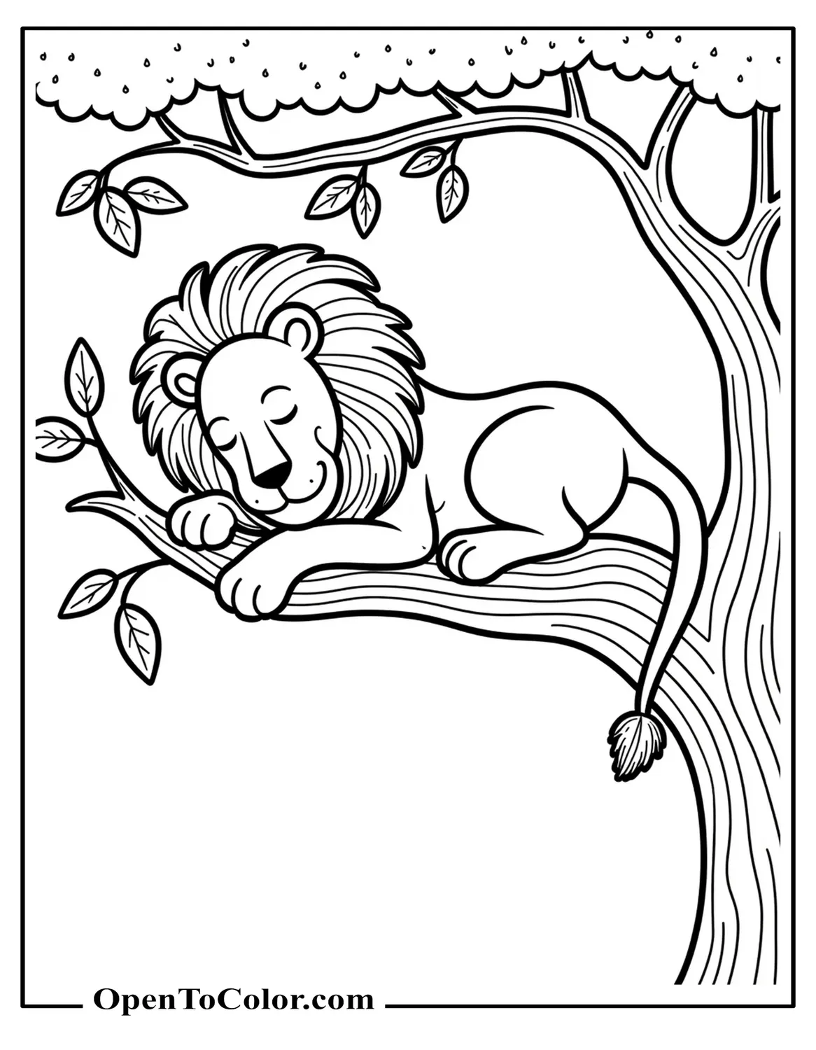 Lion Sleeping On A Branch Of A Tree With Leaves Drooping, Coloring Sheet PDF
