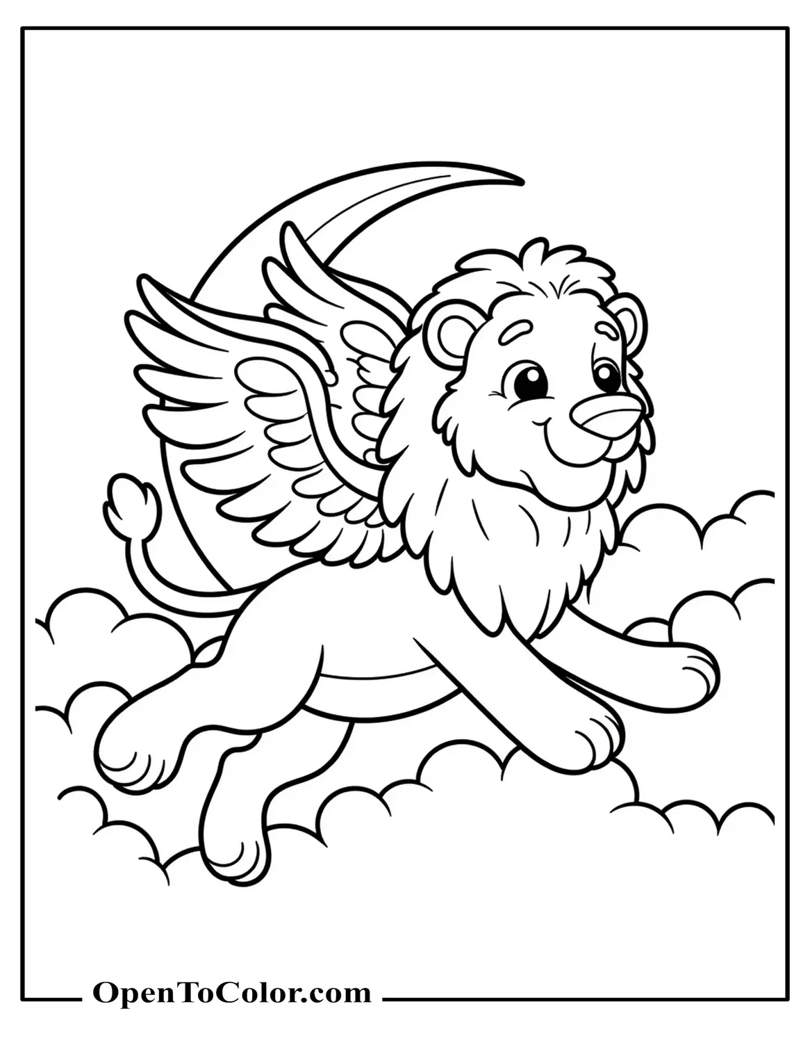 Free Coloring Sheet of Lion with Angel Wings Gliding Above Clouds with Crescent Moon Behind