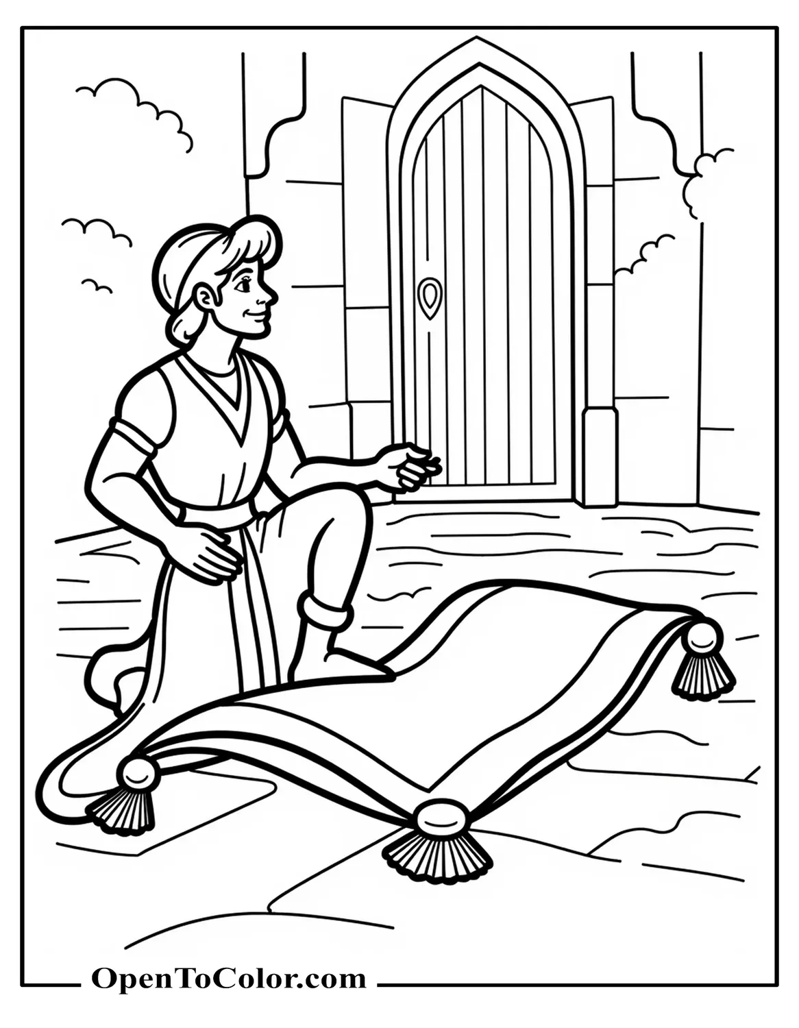 Aladdin Presenting A Blank Scroll With Ornate Edges, Palace Dome Outline Nearby, Coloring Sheet PDF