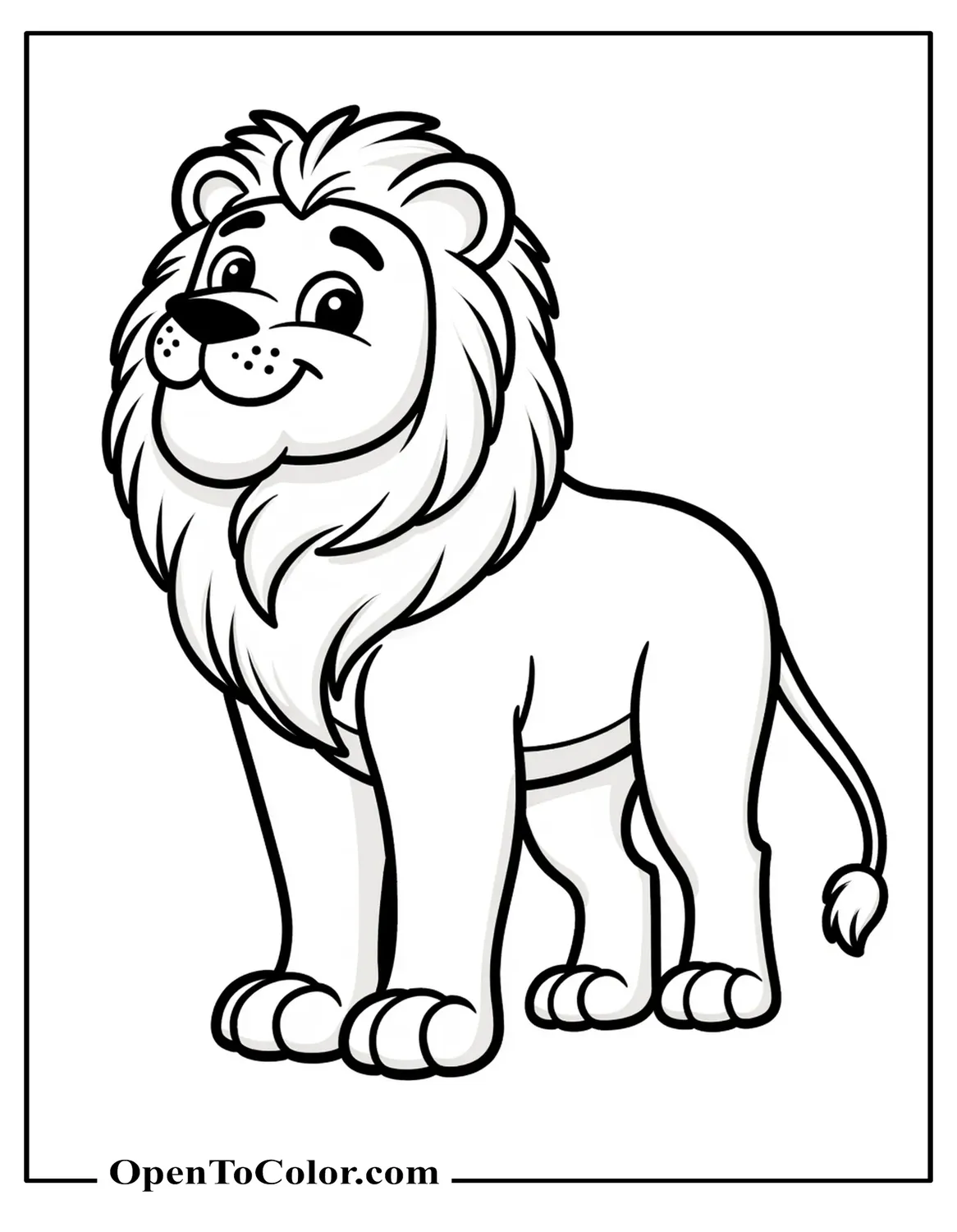 Male Lion With Large Mane Standing Proud Tail Flicked Coloring Page PDF