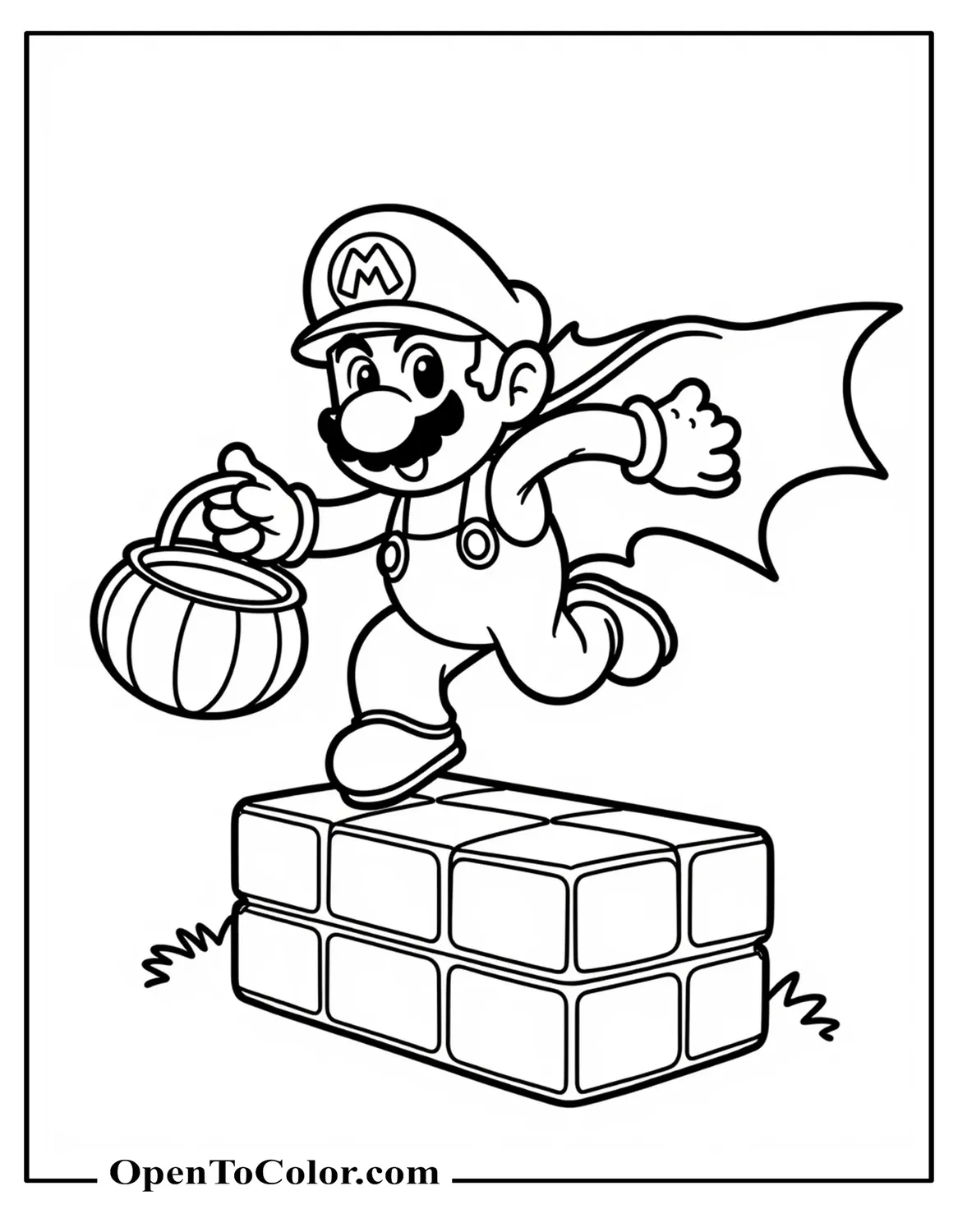 Printable Coloring Page of Mario in a Vampire Cape Jumping with a Treat Bag, Brick Block Above
