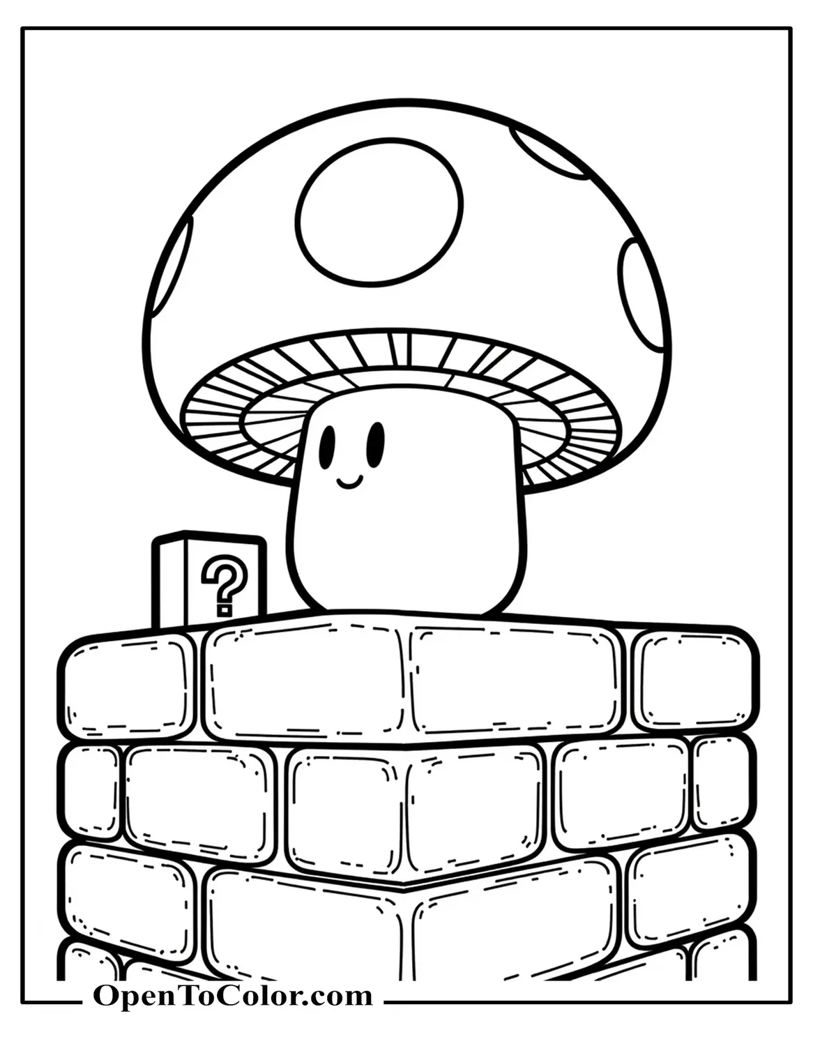 Spotted Power Up Mushroom Coloring Page PDF On A Brick Platform With A Floating Question Block