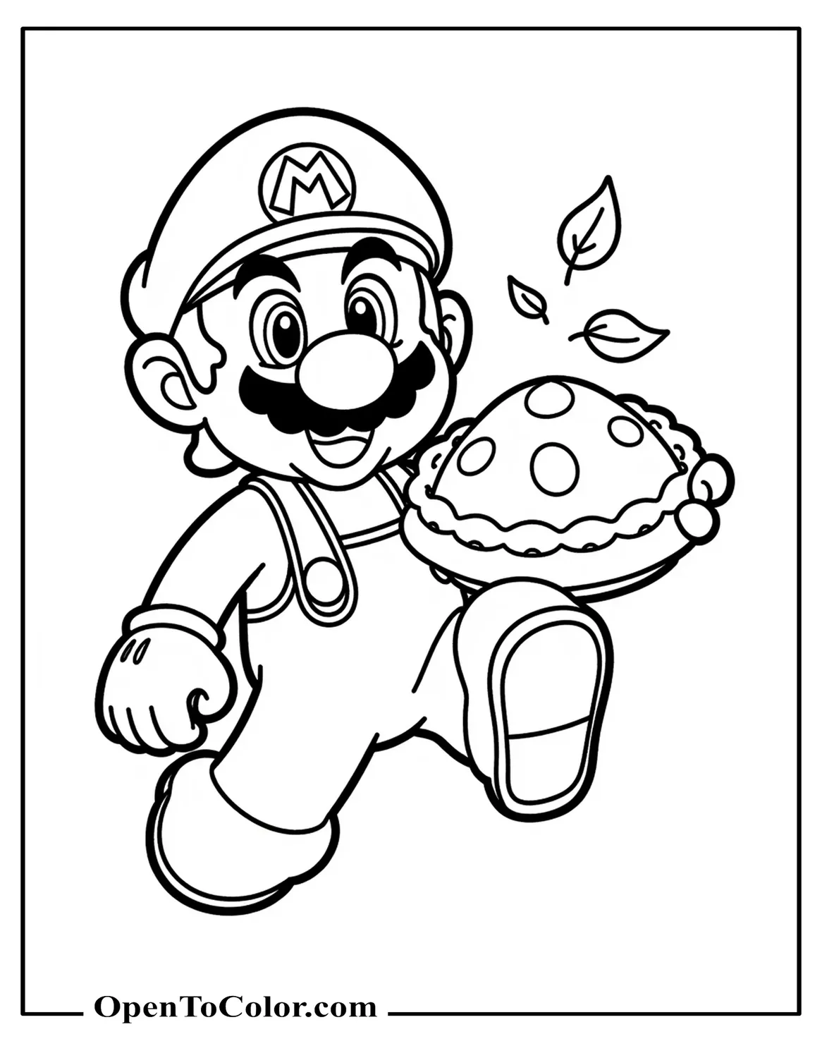 Mario Holding a Pie with Leaves Drifting, Printable Coloring Page