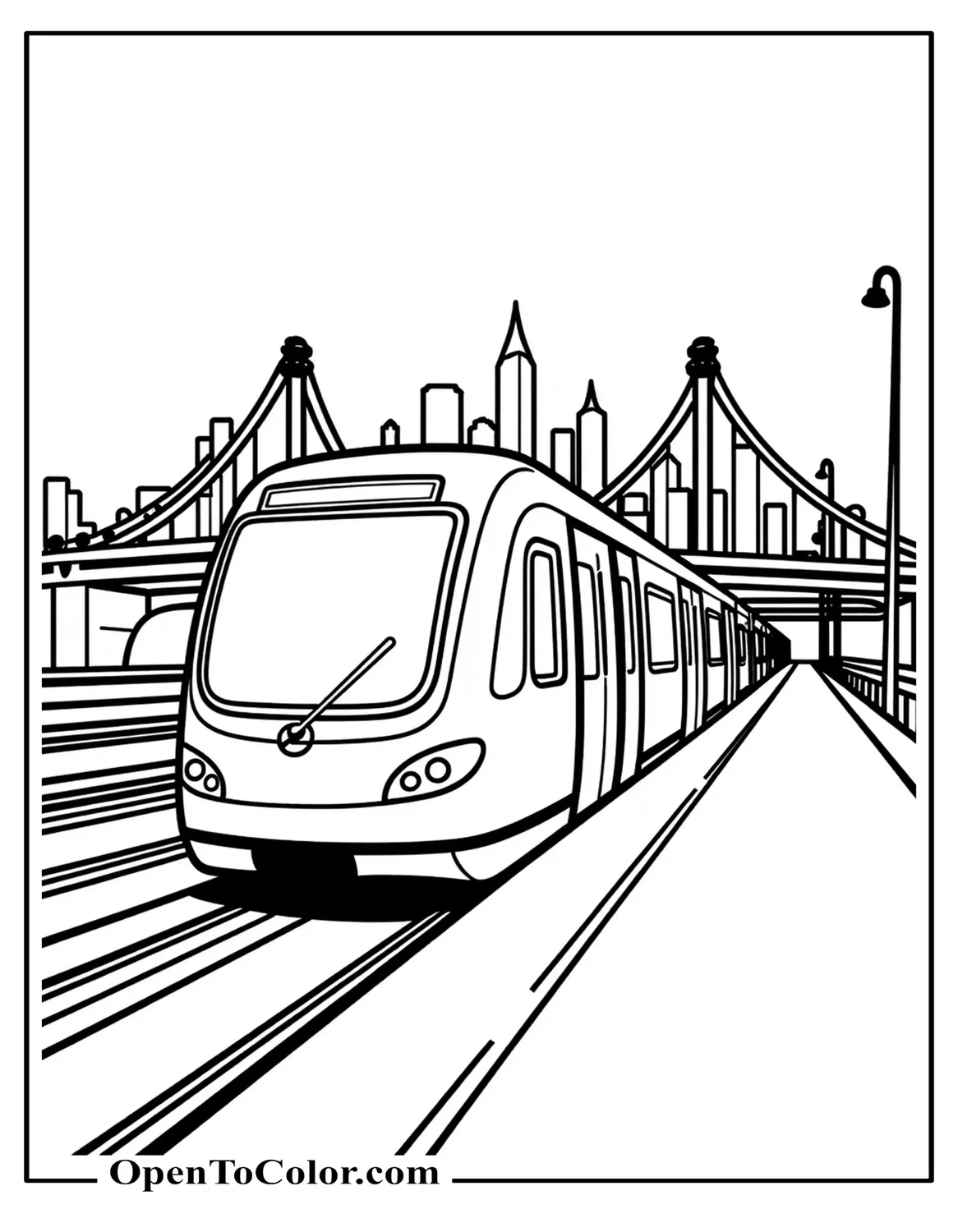 Free Coloring Sheet of Overground Metro Car Arriving with City Skyline and Bridge Pillars Behind