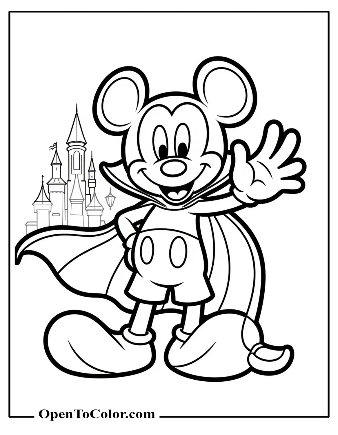 Mickey Mouse in a vampire cape waving, castle silhouette behind, printable coloring page.