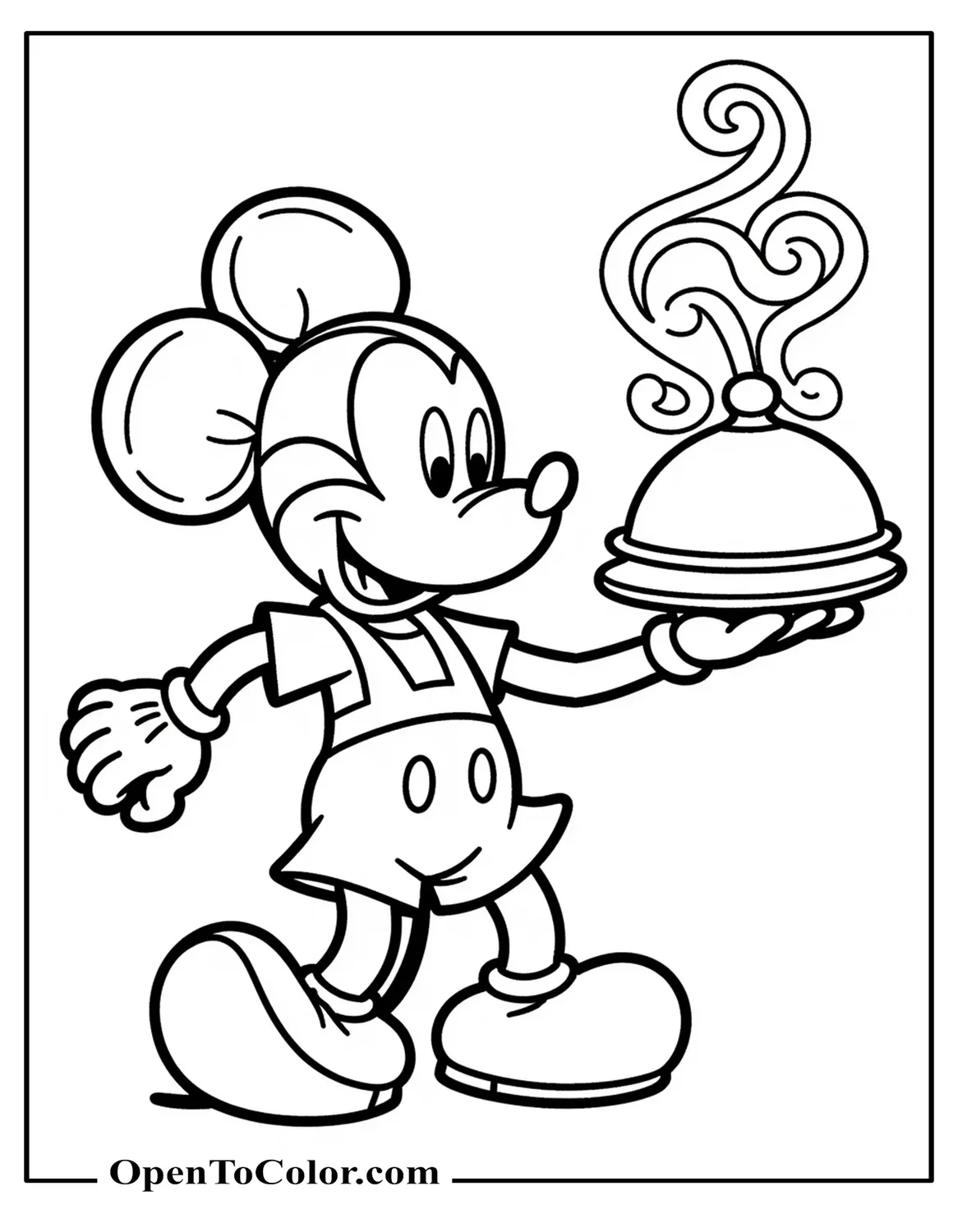 Mickey Mouse Carrying a Covered Dish with Steam Swirls Coloring Page Printable