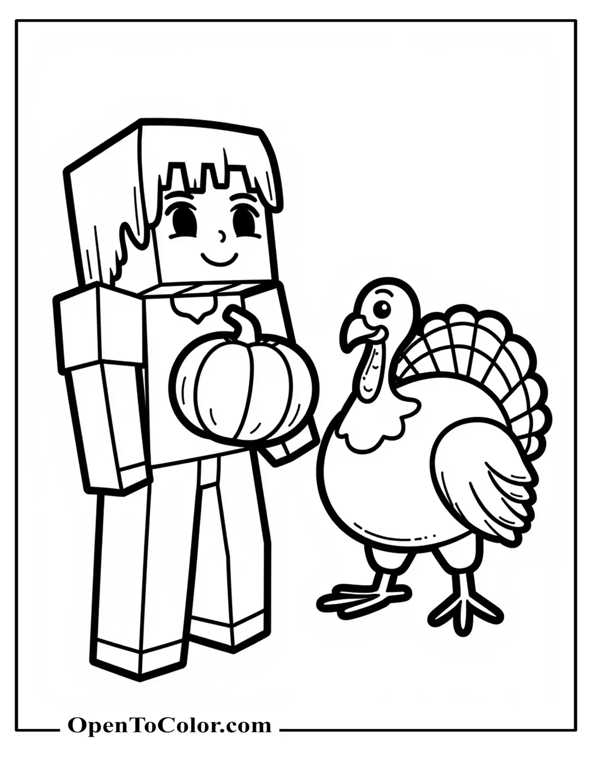Minecraft Style Player Holding A Pumpkin Next To A Turkey Coloring Page PDF