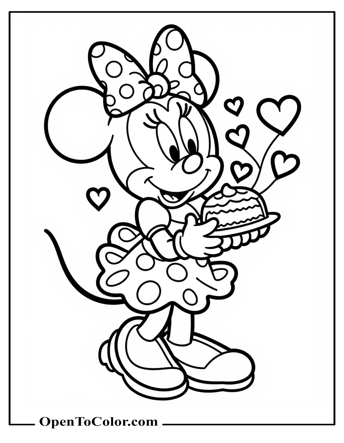 Free Minnie Mouse With a Bow Carrying a Pie With Steam Hearts Coloring Page