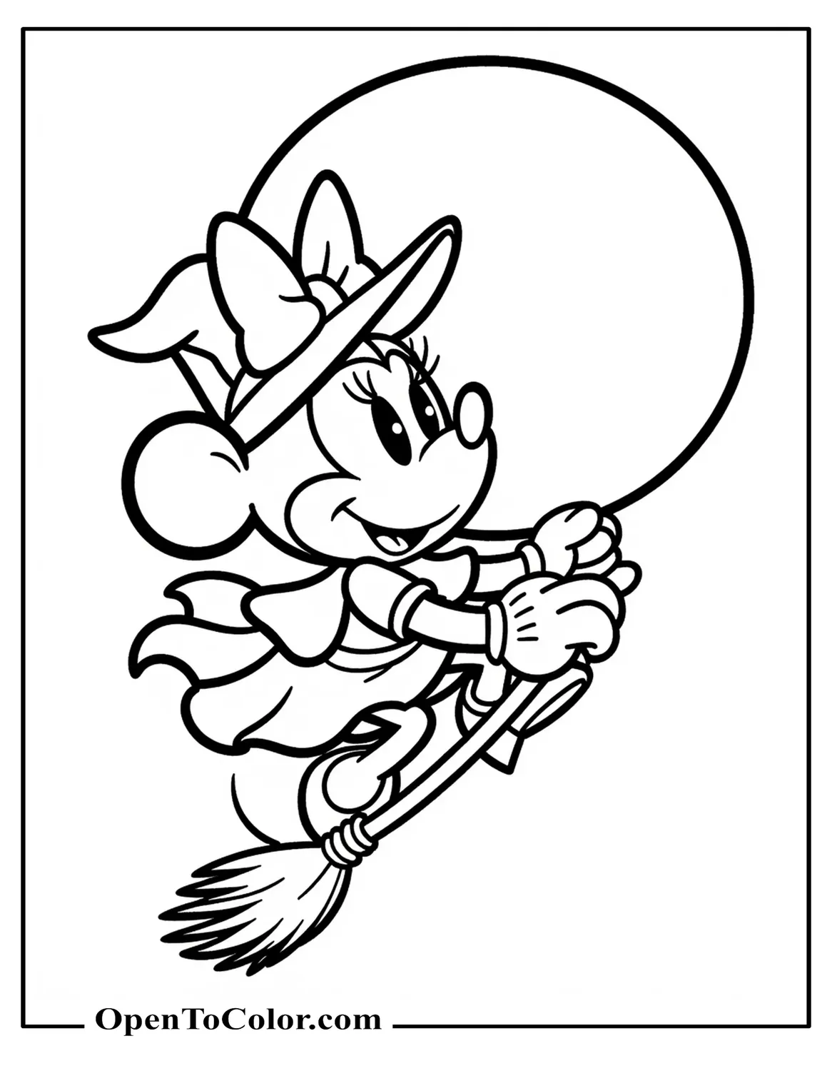 Free Minnie Mouse In A Witch Costume Bow On Hat Riding A Broom Across A Big Moon Coloring Page
