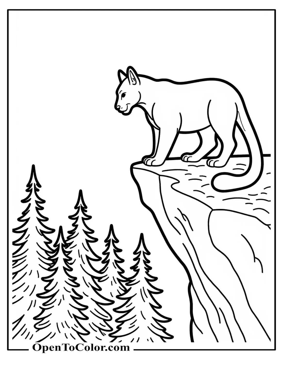 Free Coloring Page of a Mountain Lion on a Cliff Edge Looking Down at Pine Trees