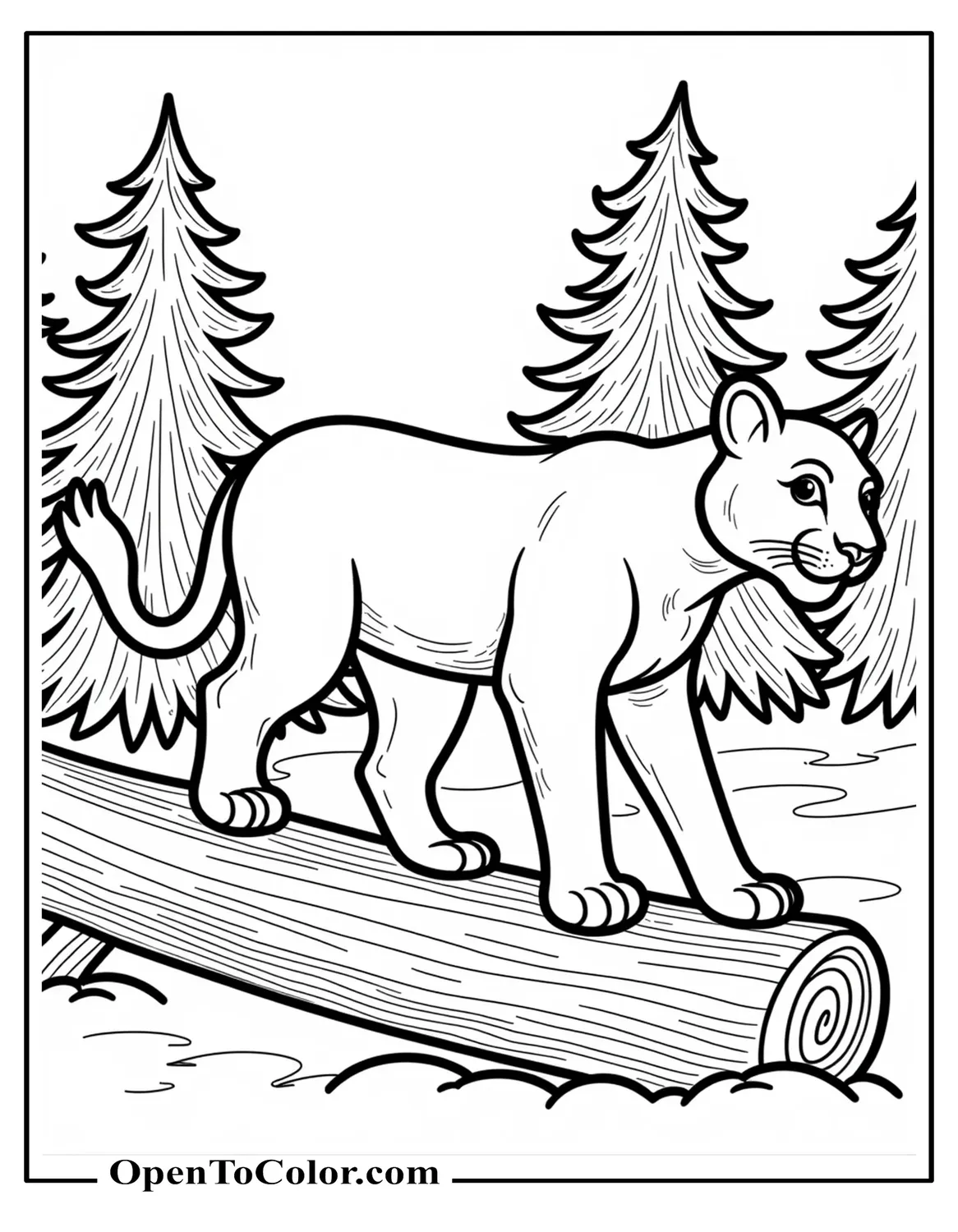 Mountain Lion Walking Along A Fallen Log With Pine Forest Behind, Printable Coloring Page