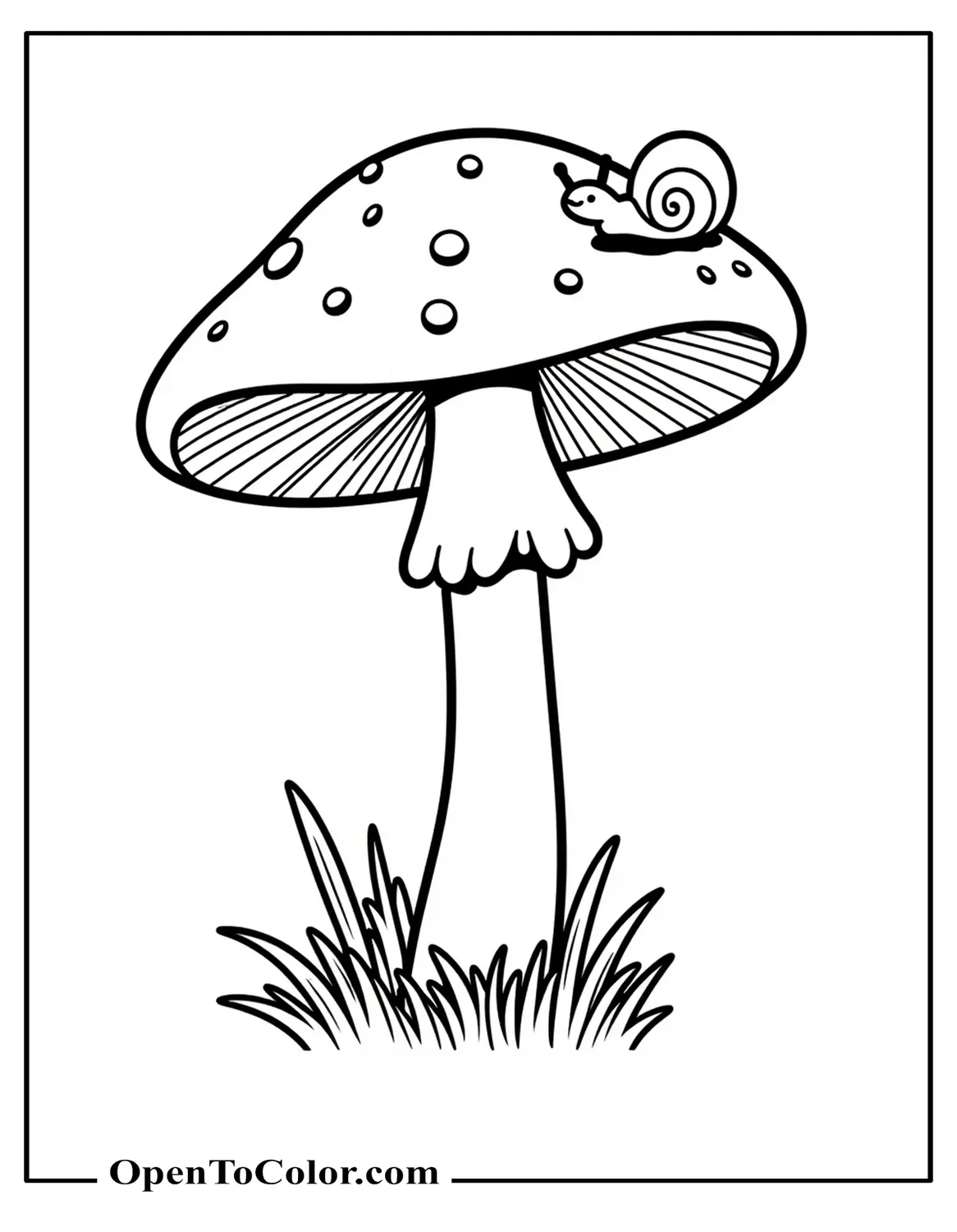 Single tall mushroom side view with grass clumps and a tiny snail on top, coloring page PDF.