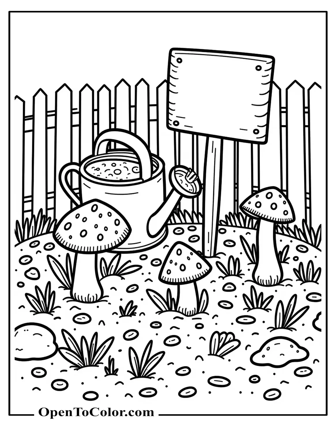 Free Coloring Page of a Garden Bed with Mushrooms, Picket Fence, Watering Can, and a Garden Sign