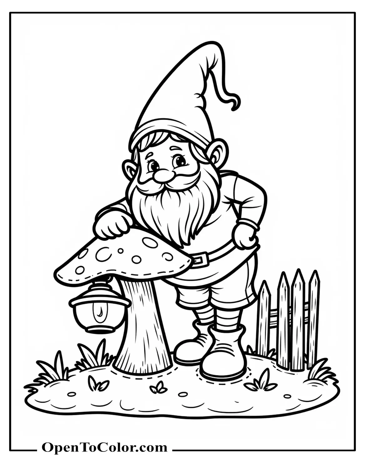 Free Coloring Sheet of Gnome Leaning on a Mushroom Holding a Lantern Next to a Tiny Fence