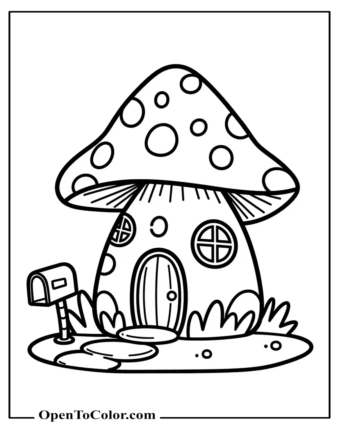 Free Coloring Page of Mushroom House with Round Door, Two Windows, Stone Steps, and a Mailbox
