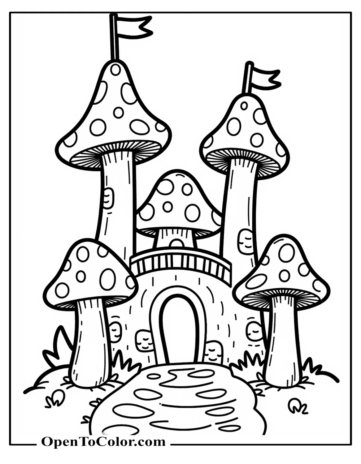 Free Coloring Page of Mushroom Kingdom of Tall Mushroom Towers, an Arched Bridge, and a Central Mushroom Castle